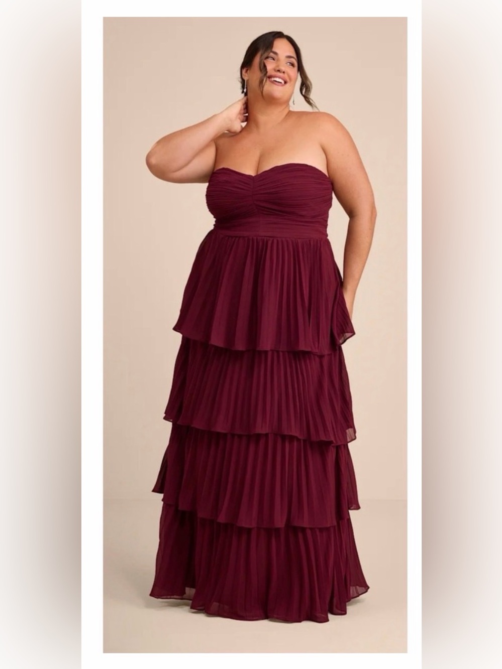 Lulus Burgundy Strapless Pleated Tiered Maxi Dress A10472 XL Burgundy Wine Red
